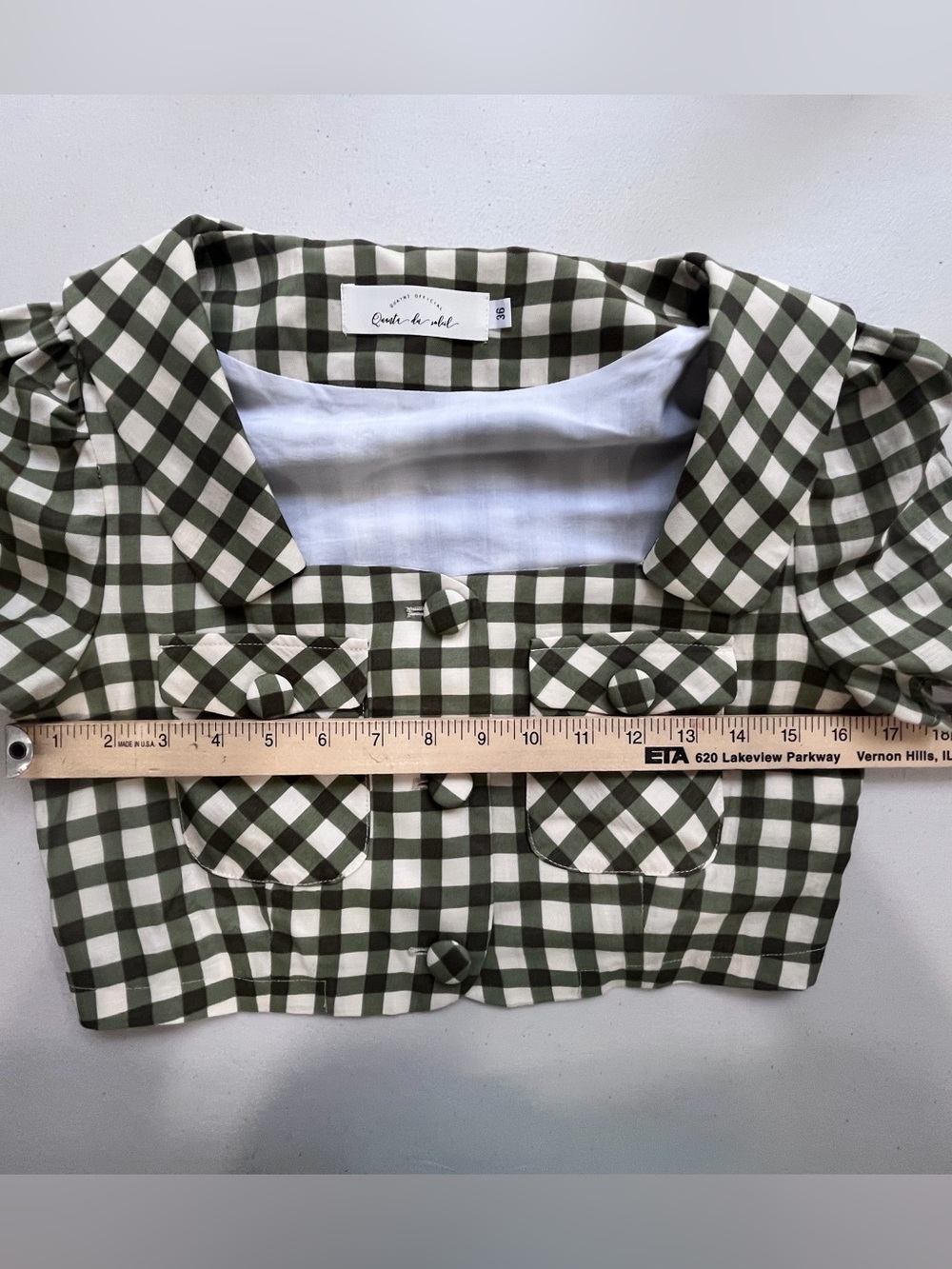 Quanta du Soleil Gingham Cropped Puff Sleeve Top Green Size 36 US Sz 4 or S - Picture 8 of 8